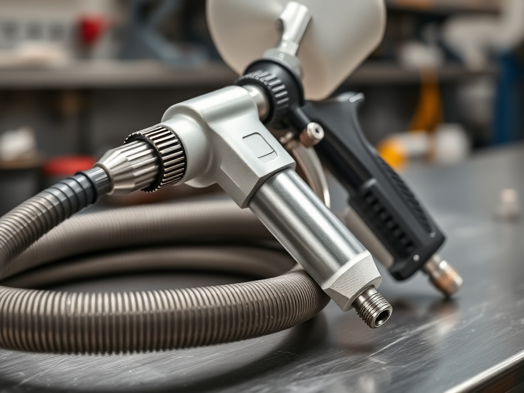 Spray foam applicator gun and heated hose on a workbench