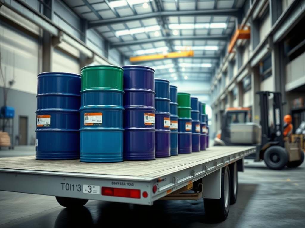 Spray foam rig loaded with chemical drums inside a Canadian distribution warehouse